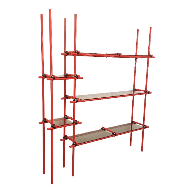 Vintage Italian Bauhaus Style Bookcase in Red Metal and Smoked Glass, 1970s For Sale