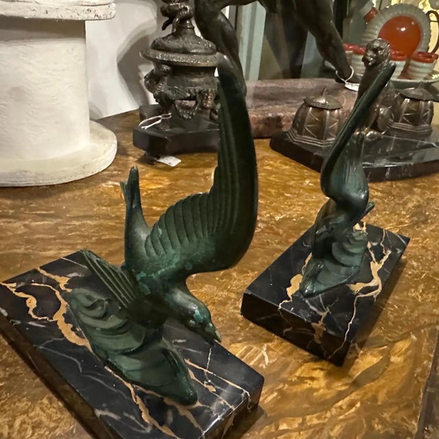 Green 1930s Art Deco Marble and Green Metal French Birds Bookends - a Pair For Sale - Image 8 of 10