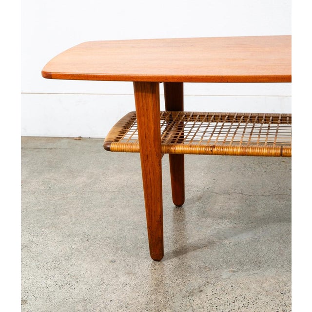 Brown Mid Century Danish Modern Coffee Table Denmark Stamped Teak Cane Wrapped Shelf For Sale - Image 8 of 12