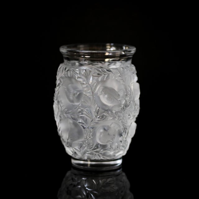 Signed Lalique France Bagatelle crystal vase with frosted birds and foliage in relief, a classic and highly collectible...