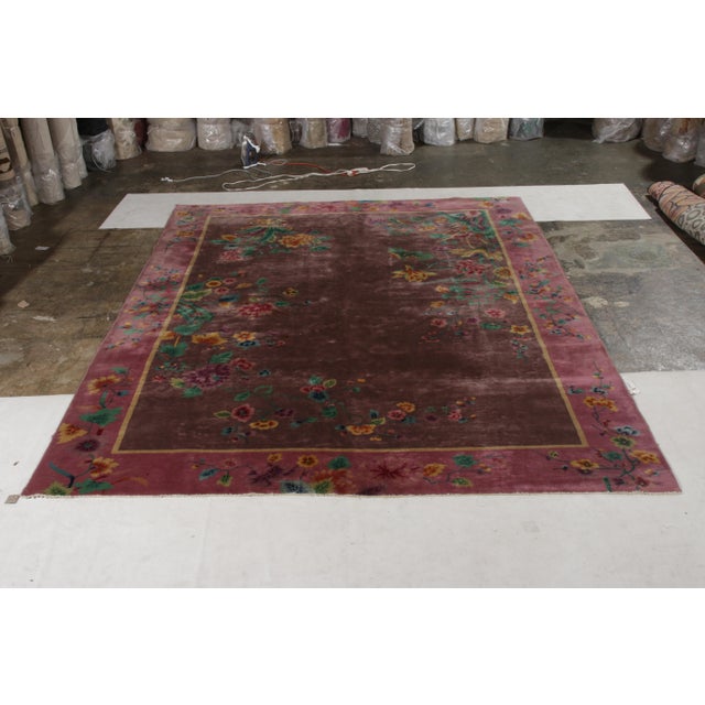 Rug & Kilim Antique Chinese Art Deco Rug in Purple With Colorful Floral Pattern - Rug & Kilim For Sale - Image 4 of 6