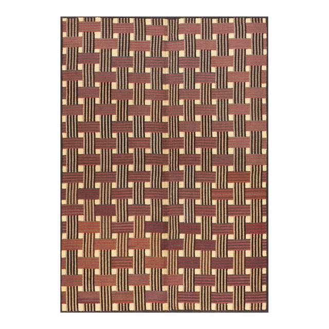 1960s Brown Bastekweave Modern Vintage American Hooked Rug 6'2" X 8'8" Handknotted Wool Carpet For Sale