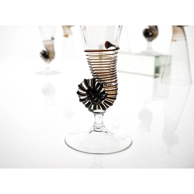 Mid-Century Modern Brown Accent and Pulegoso Murano Glass Nautilus Flutes from Cenedese, 1950s, Set of 6 For Sale - Image 3 of 18