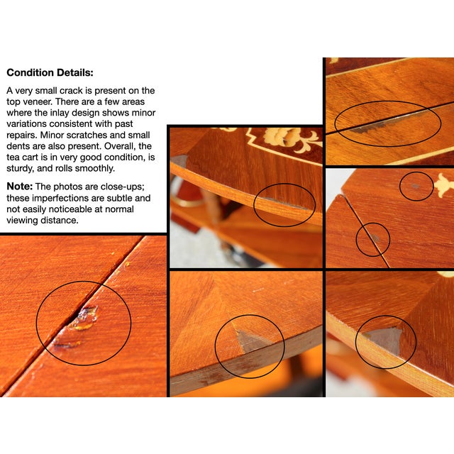 Italian Tea Cart - Mid-Century Sorrento-Style Marquetry Inlaid Wood & Brass Rolling Bar Cart - Made in Italy For Sale - Image 18 of 18