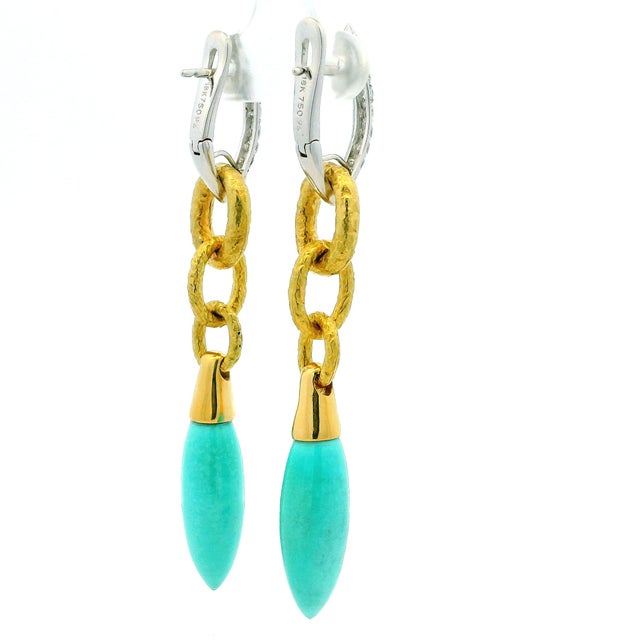 1990s 1990s Pair of Italian 18k Gold Diamond & Turquoise Link Drop Earrings For Sale - Image 5 of 10