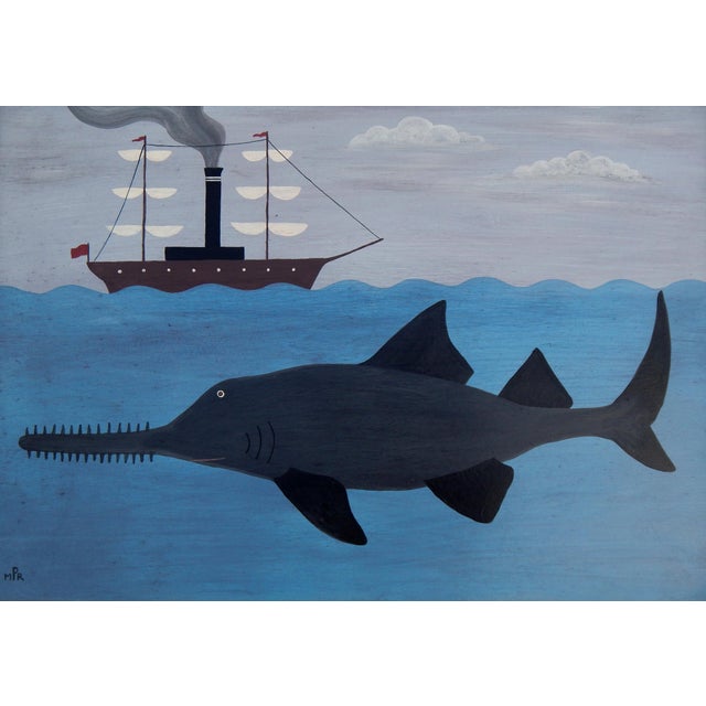 Matt Rix, Naïve Style Sawfish and Steamship, Oil Painting, Framed For Sale - Image 6 of 10