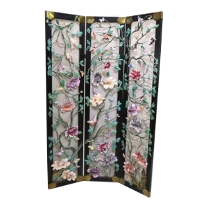 1960s Lee Menichetti Hand Painted Floral 3-Panel Metal Screen