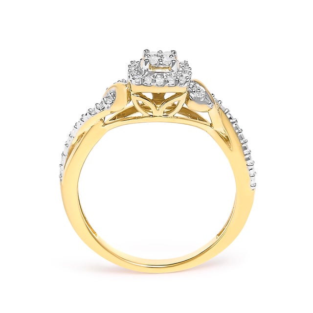 Early 21st Century 10K Yellow Gold Twisted Shank 1/10 Cttw Diamond Composite Halo Engagement Ring (I-J Color, I3 Clarity) - Size 7 For Sale - Image 5 of 7