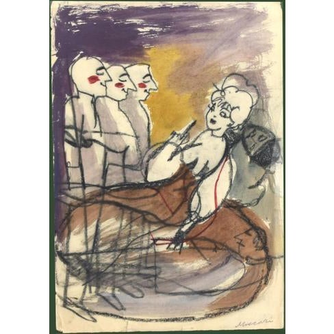 Mino Maccari, Pretenders, 1960s, Original Watercolor and Pastel Drawing For Sale - Image 4 of 4