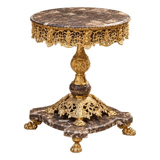 French Rococo Marble Accent Table – Ornate Gold Leaf & Bronze Details With Elegant Curved Design For Sale