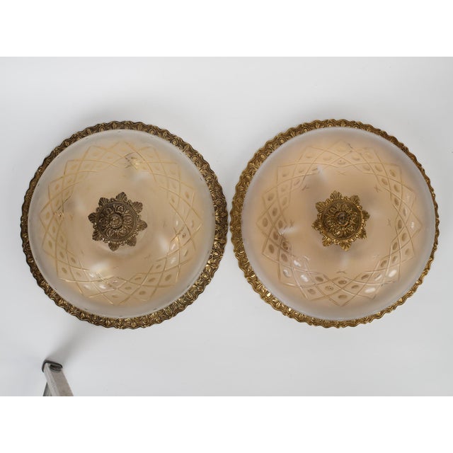 1950s Brass & Glass Flush Mount Fixture - A Pair For Sale - Image 6 of 11
