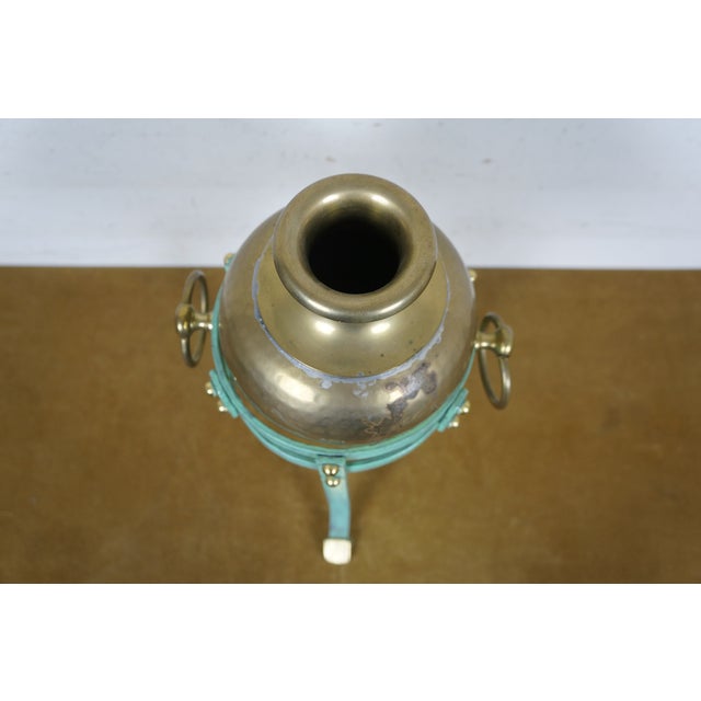 Late 20th Century Hammered Brass Amphora Vase & Three Leg Verdigris Pedestal Stand For Sale - Image 4 of 12