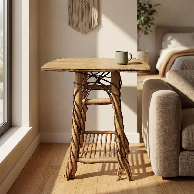This early 20th century twig side table is a striking example of American folk art and rustic craftsmanship. Featuring...