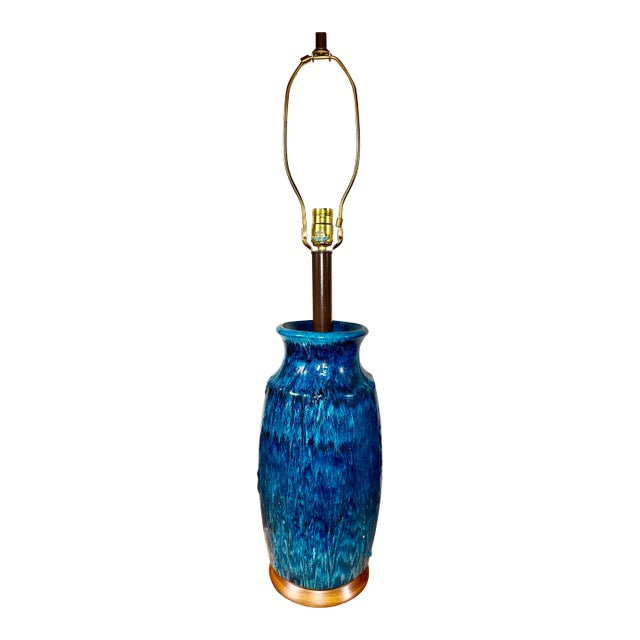 1970s Grand Drip Glaze Cobalt Blue Studio Pottery Ceramic Turned Pottery Lamp For Sale