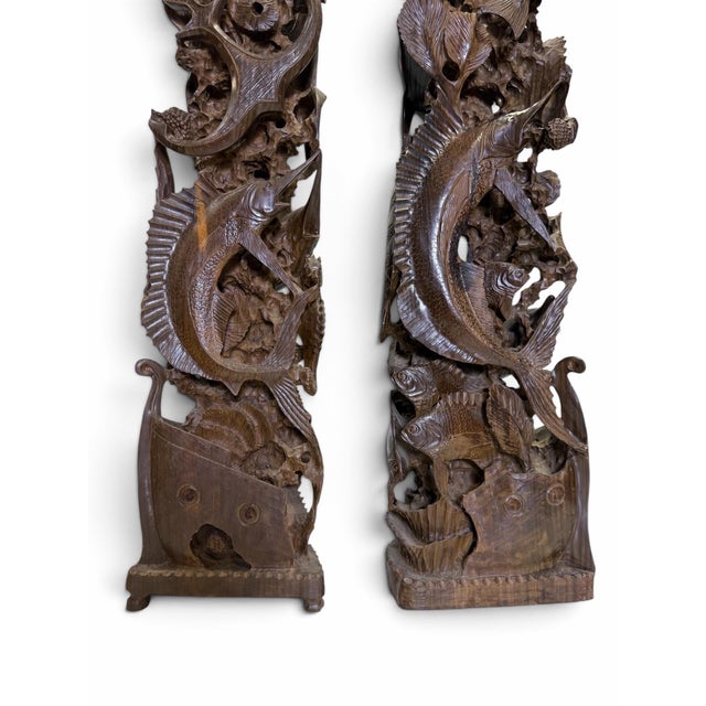 Mid-Century Modern Mid 20th Century Pair of Monumental Mid-Century Guayacan Wood Sea Life Totem Sculptures - 35.5" & 38" For Sale - Image 3 of 11