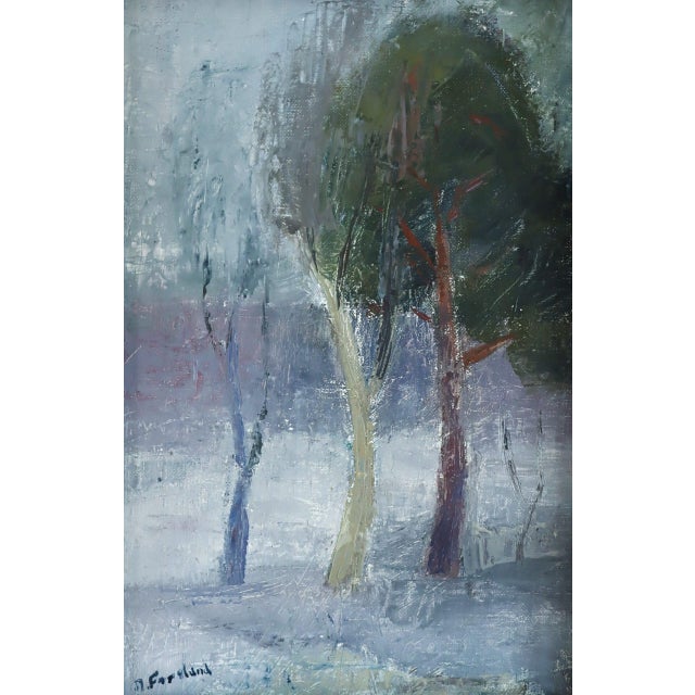 Mid-Century Modern 'Hushed Trees' Vintage Original Landscape Oil Painting, Framed For Sale - Image 9 of 12