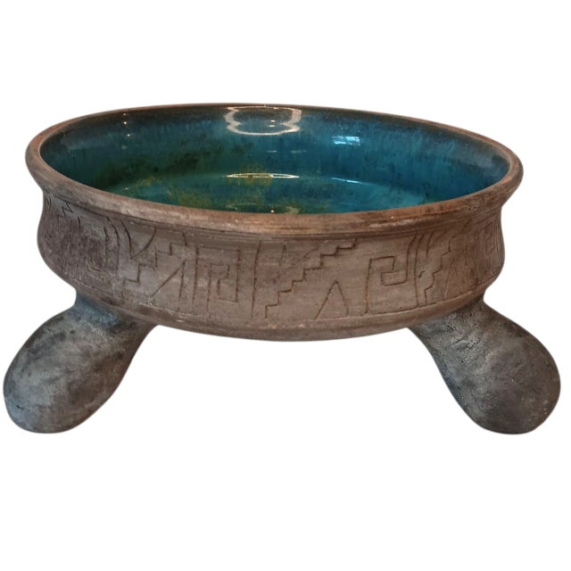 Mexican Vintage Mexico Pottery Footed Pedestal Bowl Planter Blue Green Gray Brown Mayan Aztec Design For Sale - Image 3 of 15