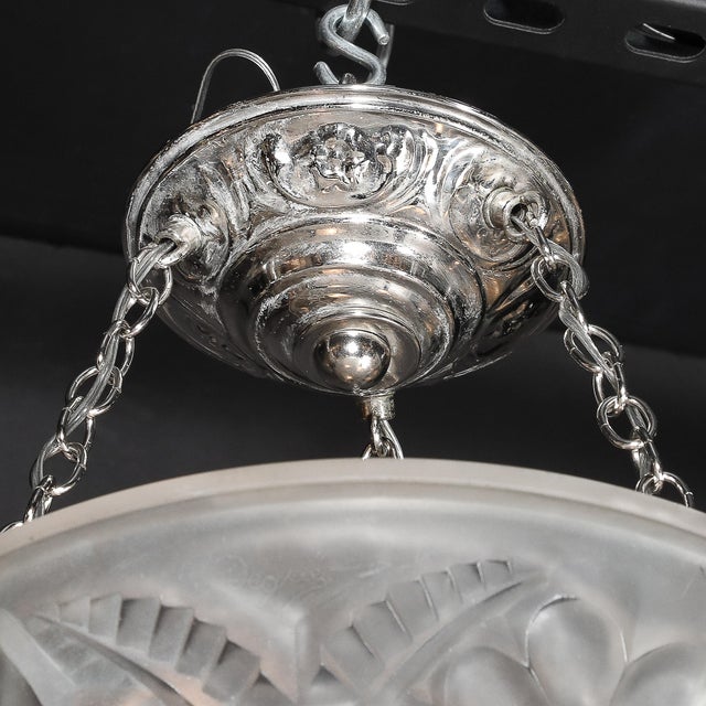 Chrome Art Deco Frosted Glass Floral Cubist Chandelier W/ Chrome Fittings Signed Degué For Sale - Image 8 of 18