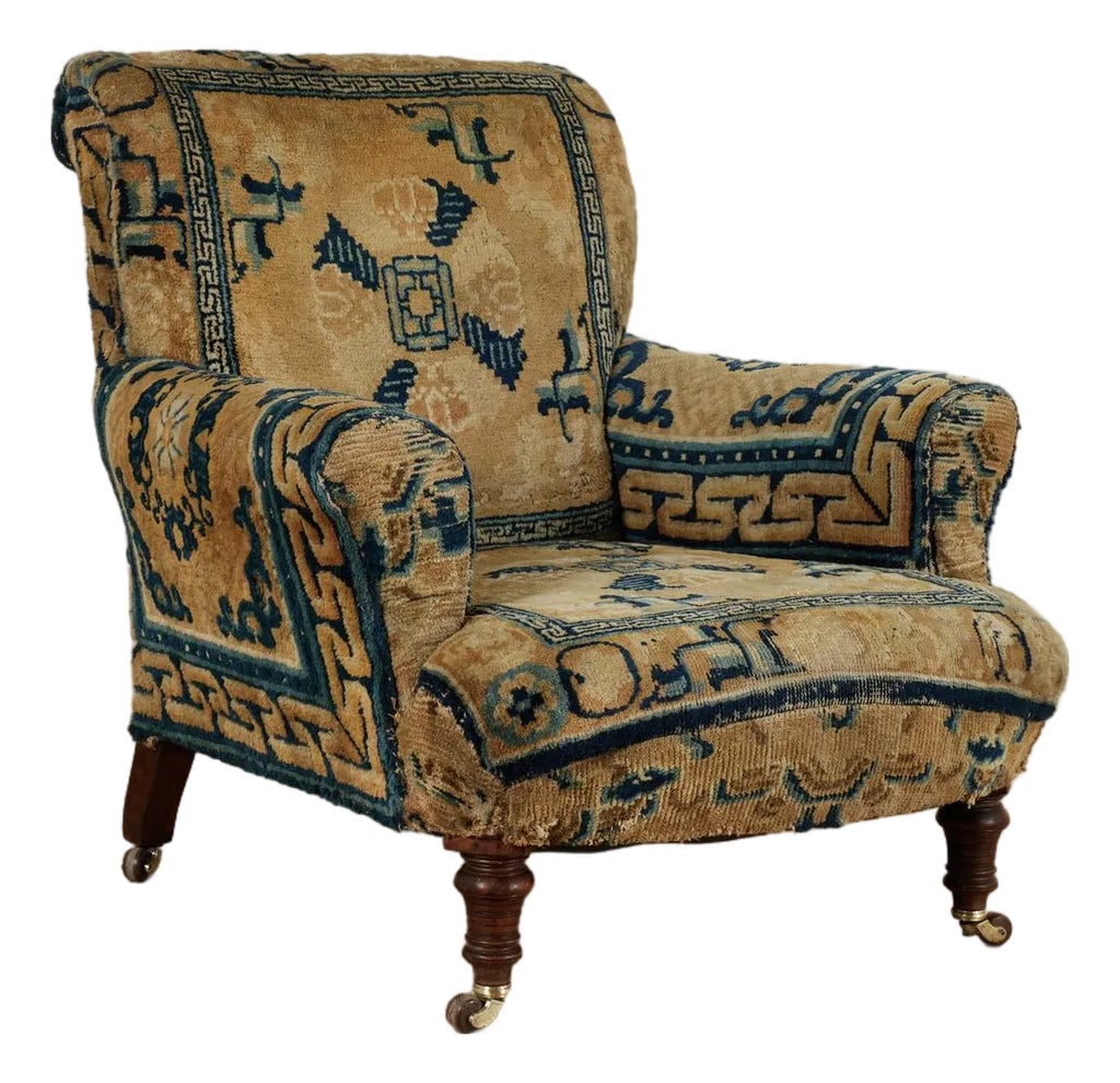 Antique English Victorian Armchair Upholstered in a Chinese Rug