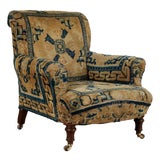 Antique English Victorian Armchair Upholstered in a Chinese Rug For Sale