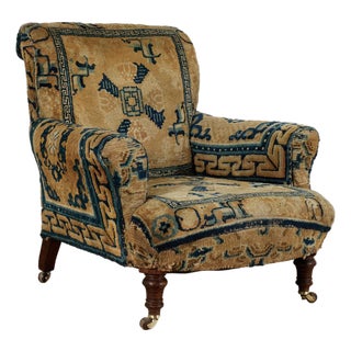 Antique English Victorian Armchair Upholstered in a Chinese Rug For Sale