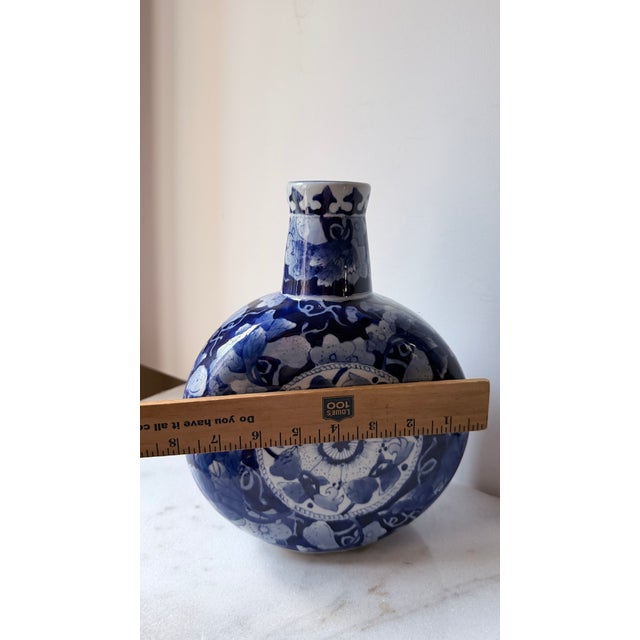 Blue Classic Blue and White Porcelain Round Vase Intricate Hand-Painted For Sale - Image 8 of 11