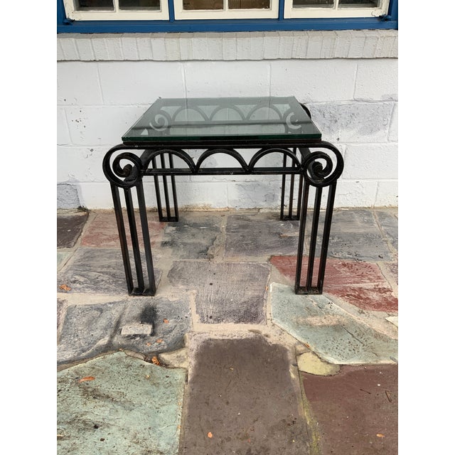 French Art Deco Style Blackened Metal Plate Glass TopTable . Previously used as an Occasional Table on a Patio....