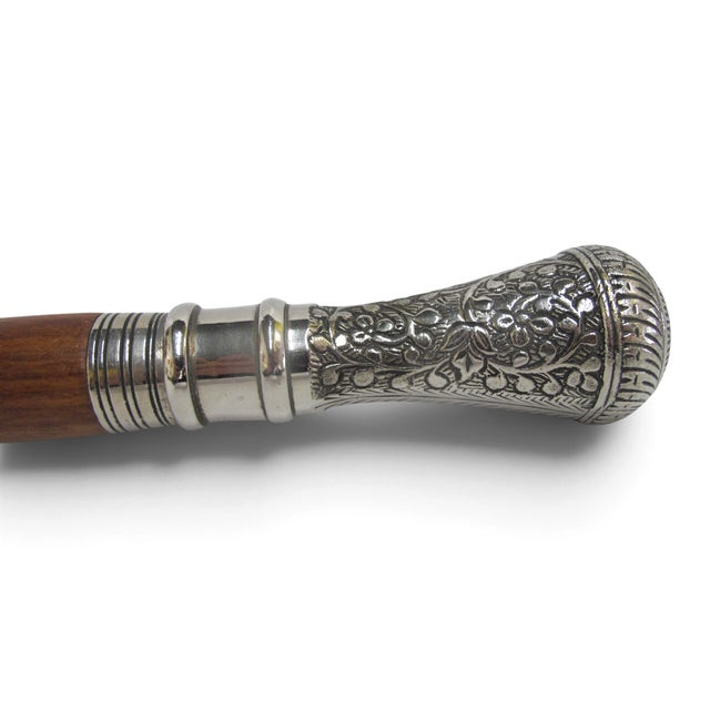 Wood Victorian Floral Chased Silver Plate Cigar Smugglers Walking Stick Cane For Sale - Image 7 of 10