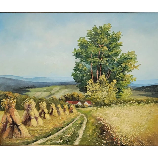 Original European countryside farm scene with haystacks along a road leading to a country home. Signed by artist and...