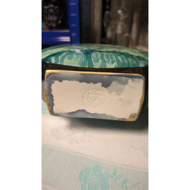 Mid-Century Modern Abstract Teal Mountain Scape Ceramic Art Decanter For Sale - Image 4 of 5