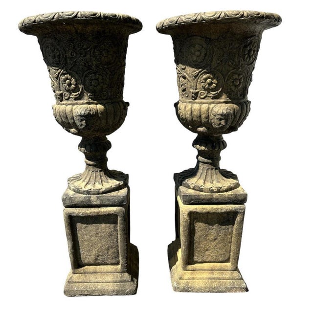 Italian Renaissance Stone Campana Garden Urns, Set of 2 For Sale - Image 10 of 10