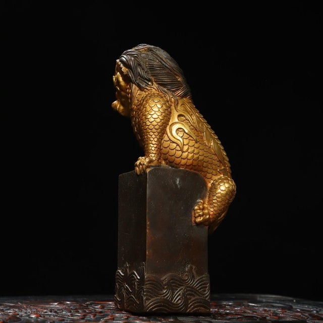 Late 19th Century Gilt Bronze Mythical Beast Statue on Pillar, 1.4kg For Sale - Image 4 of 9