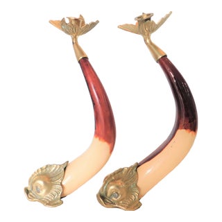 Mid-Century Horn and Brass Koi Fish and Butterfly Candle Holders, Sadek by Andrea - Set of 2 For Sale