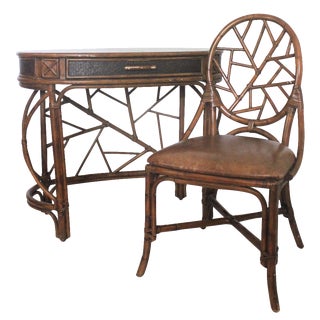 McGuire-Style Rattan Desk & Vanity Chair For Sale