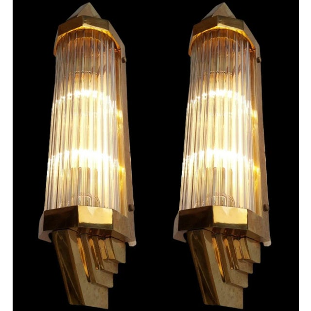 Art Deco Pair Vintage 1940s Art Deco Skyscraper Wall Sconces Fixture Brass & Glass Rod Ship Light For Sale - Image 3 of 6