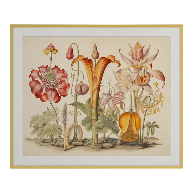 43' X 34.5' Watercolor Botanical Print in High-End Custom Gilt Wood Frame - Hortus Floridus Style For Sale