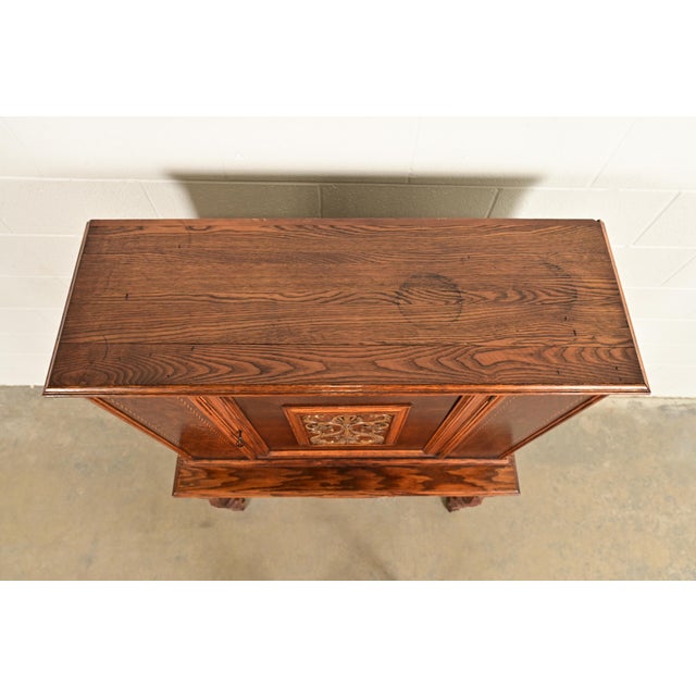Early Romweber Antique English Jacobean Carved Oak and Burl Wood Bar Cabinet, Circa 1900 For Sale - Image 13 of 16