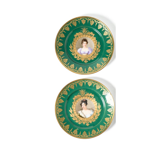 Sevres France antique porcelain portrait by Artist D'Humbert (1821 ~ 1870) on a green background plates. One of a kind....