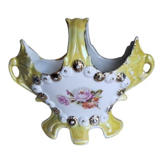 Vintage Victorian Hand Painted Porcelain Floral Twin Handled Vase For Sale