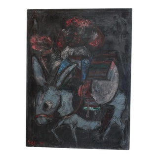 Jovan Obican Naïve-Style "Man on Donkey" Oil on Canvas For Sale