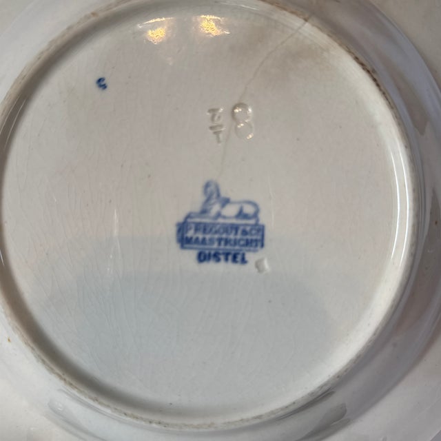 Pair of Antique Petrus Regout & Co. Maastricht Blue White Transferware Plate & Bowl in Distel” (Thistle) Pattern For Sale - Image 6 of 7