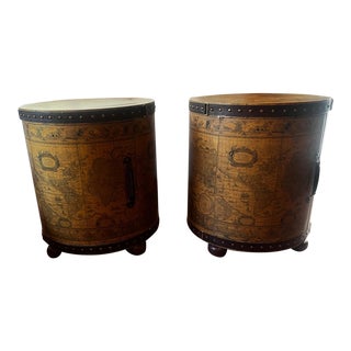 1990s Vintage Leather Wrapped Old World Map Storage Side Tables For Sale