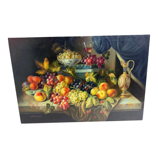 Large Vintage Original P. Loosestrife Still Life Fruit Grapes Oil Painting For Sale