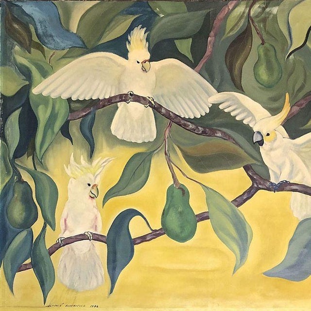 Original acrylic on canvas Hawaiian painting by Alfonso Castricone, titled Cockatoos in Avocado Tree, features vibrant...