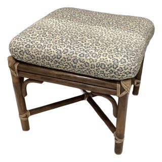 Vintage McGuire Rattan Ottoman in Leopard Print Upholstery For Sale