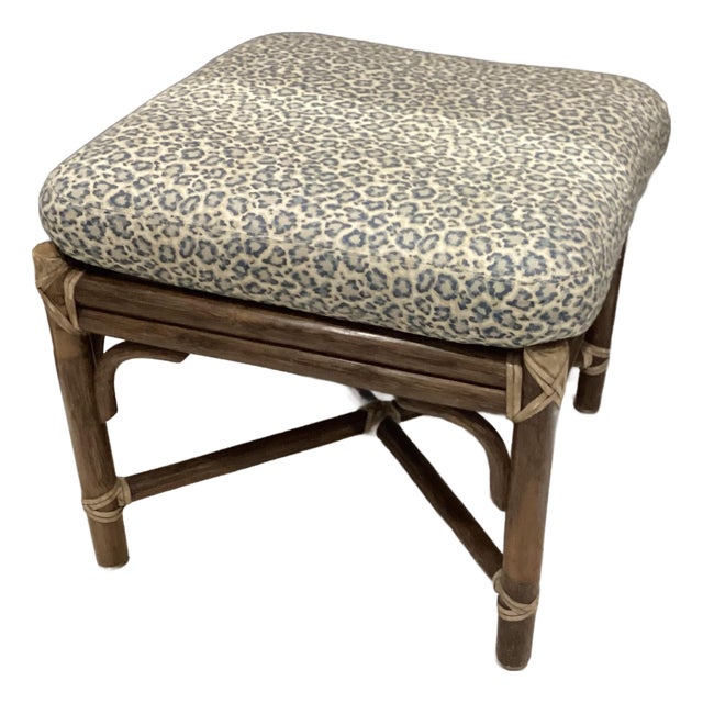 Vintage McGuire Rattan Ottoman in Leopard Print Upholstery For Sale