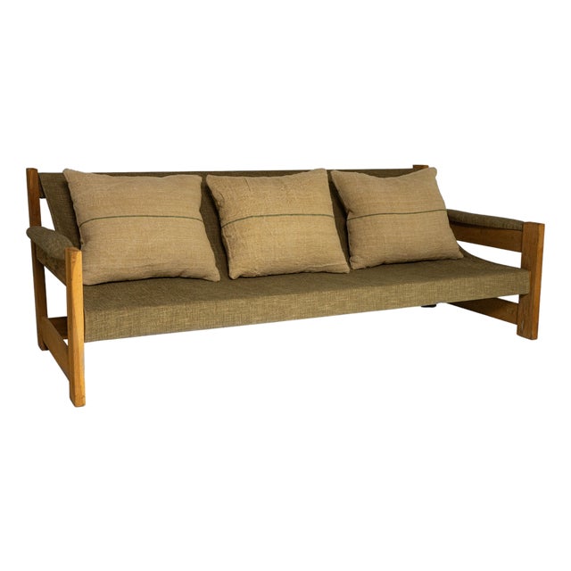 1960s Danish Mid-Century Oak Frame Sling Sofa With Upholstered Cushions For Sale