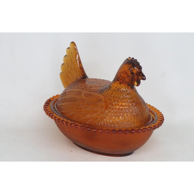 Indiana Glass Amber Hen on Nest Covered Candy Dish With Beaded Rim 4921b For Sale - Image 11 of 15