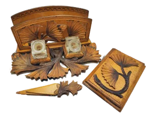 Vintage Art Deco Carved Hutsul Wooden Inkwell, 1920s, Set of 3