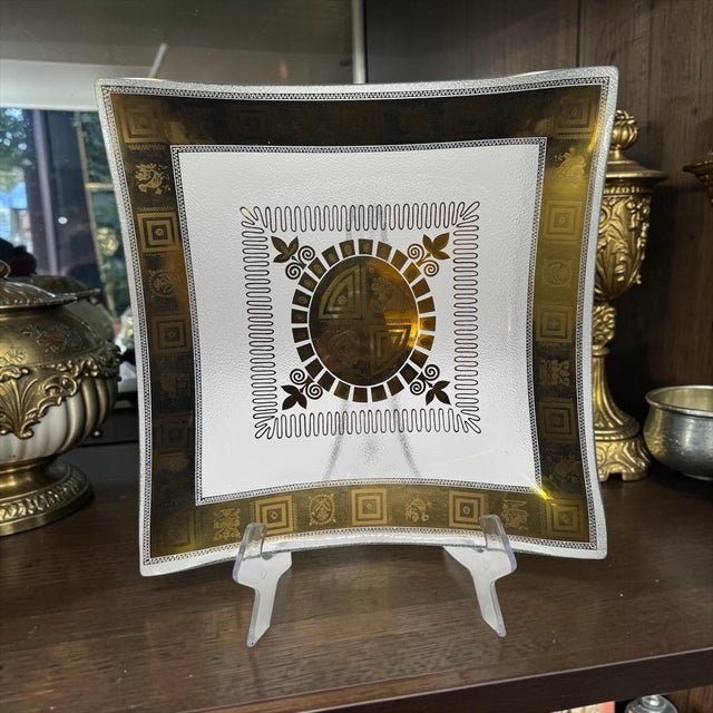 Vintage Mid Century Modern Square Bent Glass Serving Tray with Greek Key Design. This platter heavily reminiscent of or...